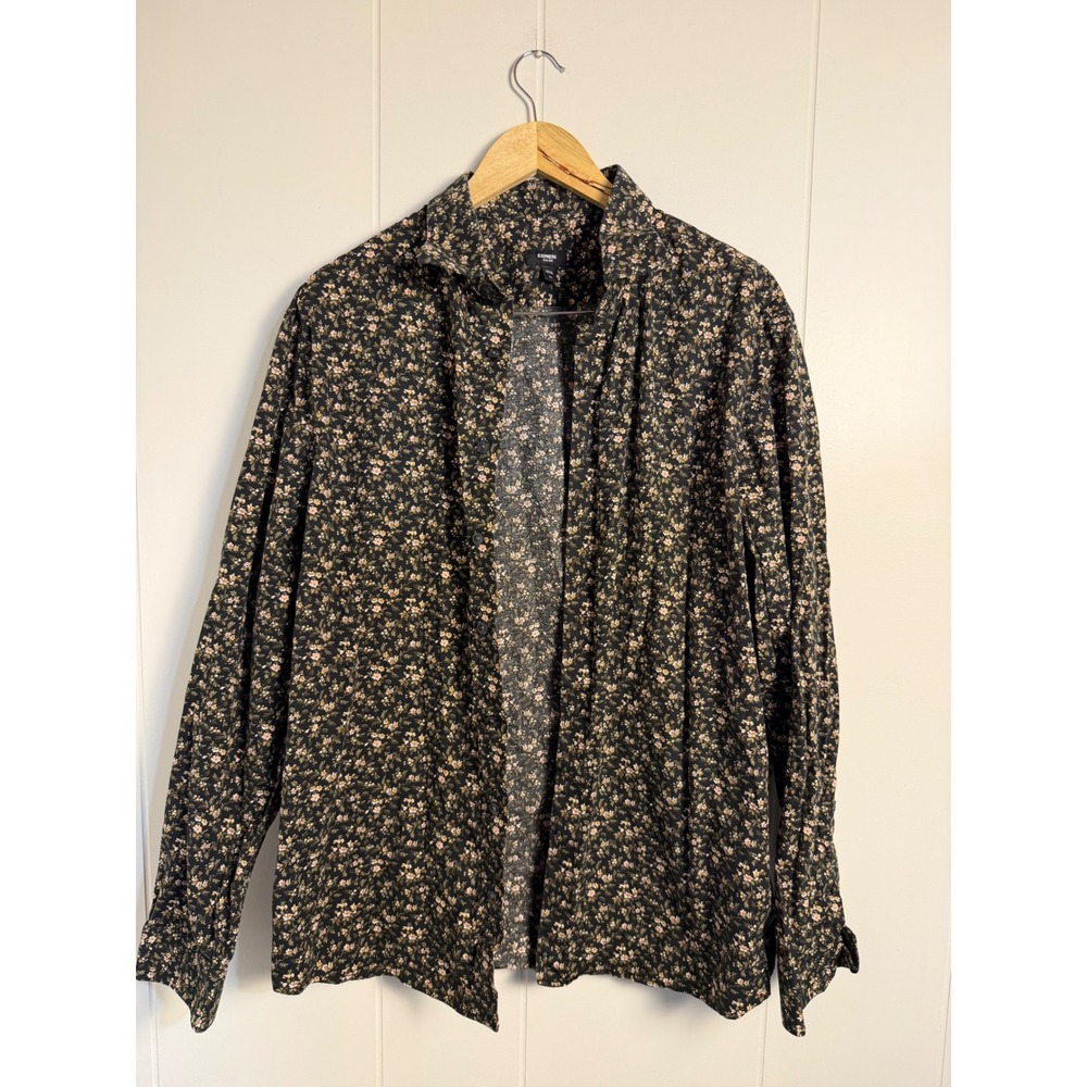 Black Floral Whimsigoth Dress Shirt XL Floral Slim 1MX‎ Cotton Stretch